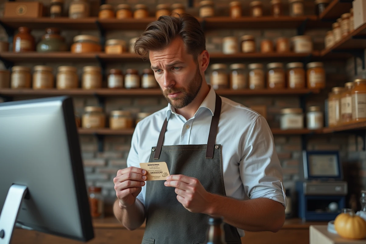 Commerçant de proximité tenant une carte Dekortikon derrière le comptoir de sa boutique artisanale