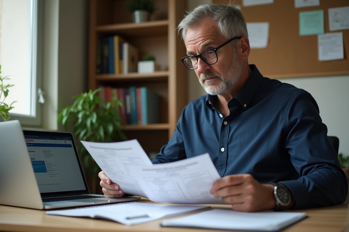 Homme à domicile comparant des offres d'emploi Pôle emploi avec des options d'intérim et de portage salarial sur son bureau
