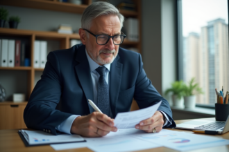 Homme comptable en costume bleu analysant des papiers