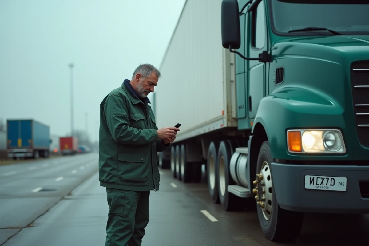 Conducteur de camion consultant un calculateur de taux horaire sur smartphone dans une aire de repos autoroutière