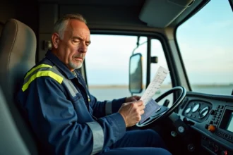 Conducteur routier examinant sa fiche de paie dans la cabine de son camion, illustrant les erreurs de calcul du taux horaire
