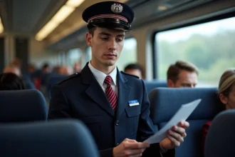 Jeune conducteur SNCF vérifiant billets dans train moderne