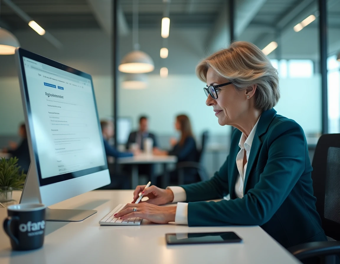 Professionnelle en entreprise effectuant sa première connexion à un espace compte en ligne sur ordinateur de bureau dans un open space moderne