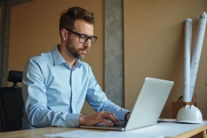 Professionnel du BTP connecté à son espace en ligne sur un ordinateur portable au bureau