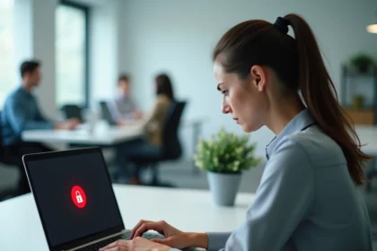 Femme frustrée face à un écran d'ordinateur affichant un message d'erreur de connexion bloquée sur Octime en open space