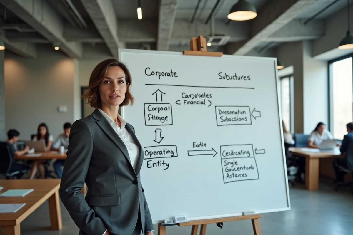 Conseillère financière présentant au tableau blanc les différences entre holding et société d'exploitation unique