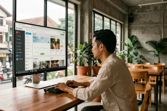 Consultant SEO e-commerce travaillant sur un tableau de bord analytique dans un espace de coworking moderne à Chiang Mai, Thaïlande