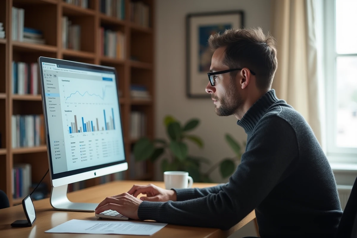 Consultant marketing examinant un tableau de bord d'audit de marque et d'impact consommateur sur ordinateur