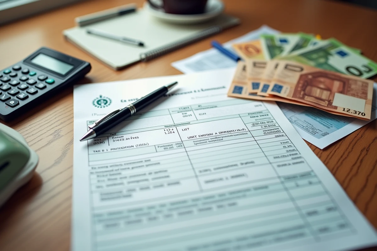Vue du dessus d'un bureau avec une licence taxi française, des billets en euros et une calculatrice, symbolisant le coût de la licence taxi en 2026