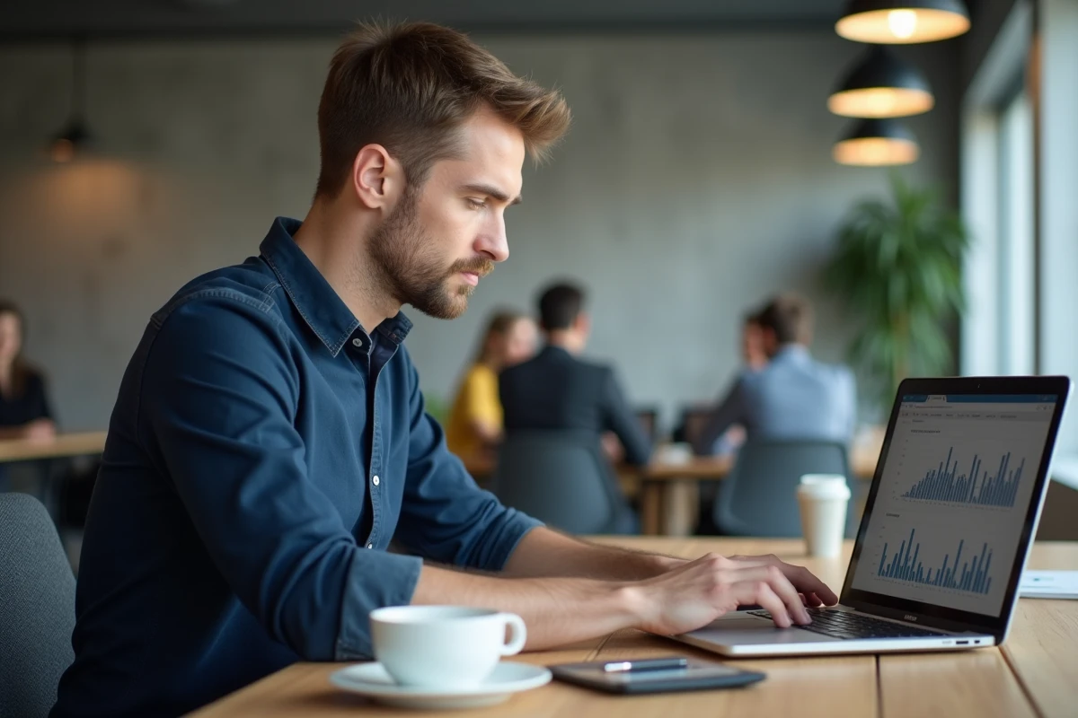 Freelance consultant saisissant son chiffre d'affaires sur un tableur pour sa déclaration URSSAF dans un espace de coworking