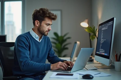 Jeune homme concentré devant son ordinateur en bureau moderne