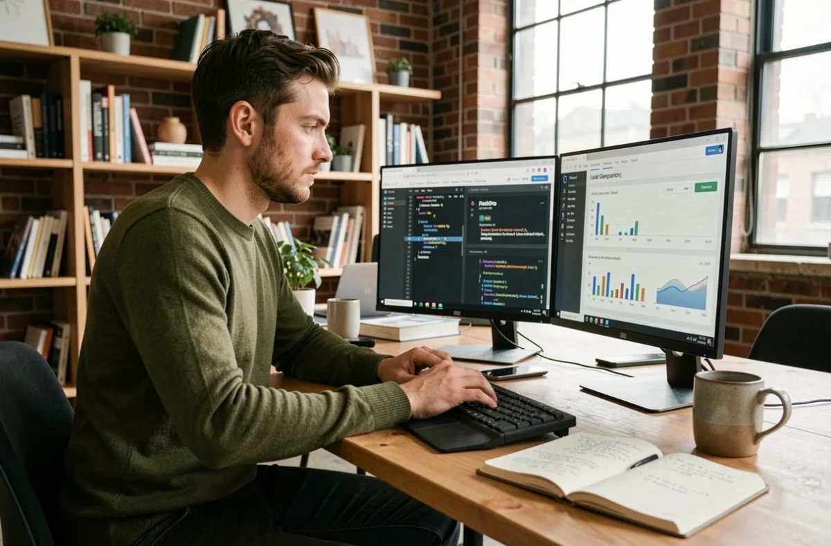 Développeur SaaS optimisant une landing page B2B sur double écran dans un espace de coworking moderne