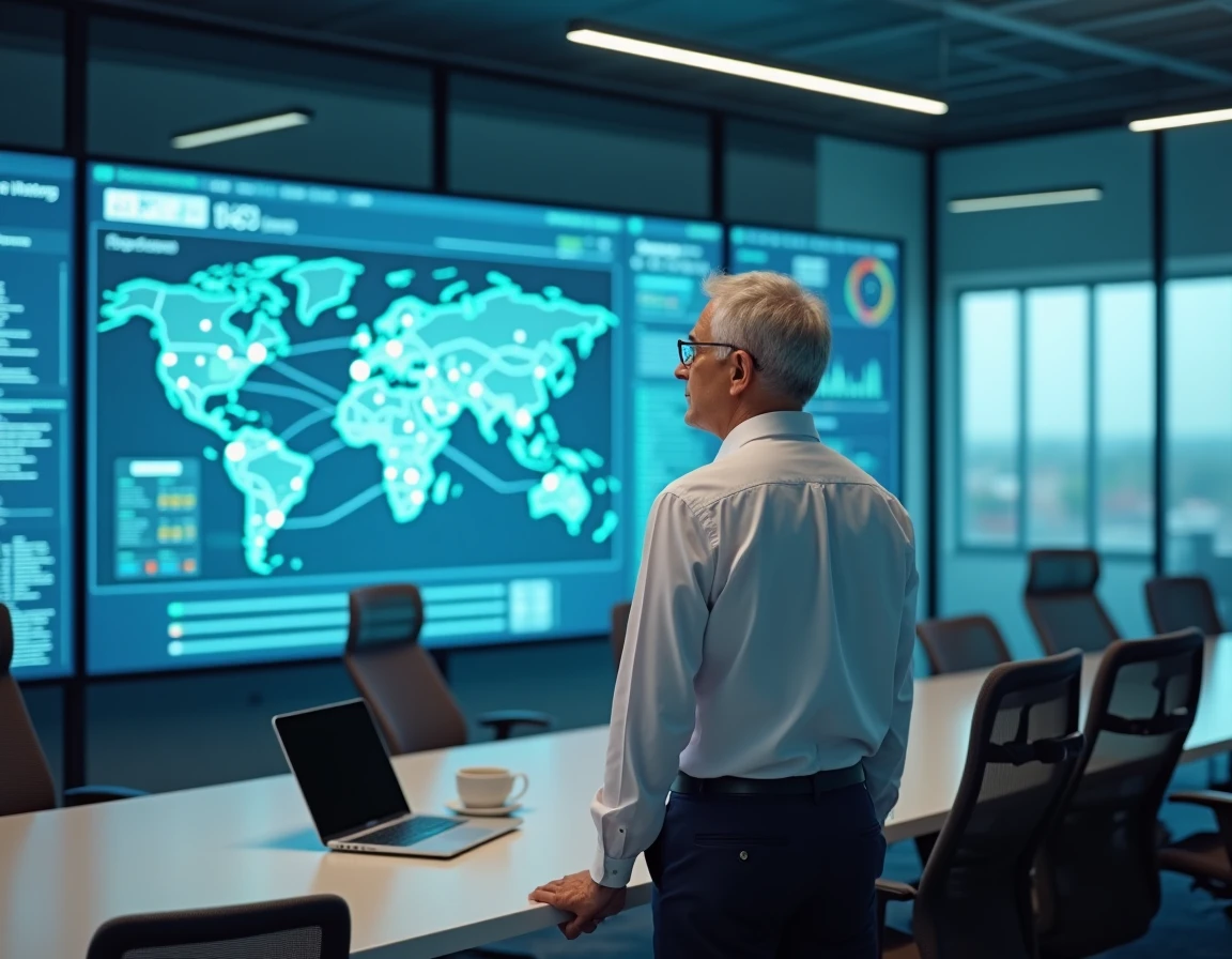 Directeur informatique devant un écran de supervision de chaîne logistique numérique dans une salle de contrôle
