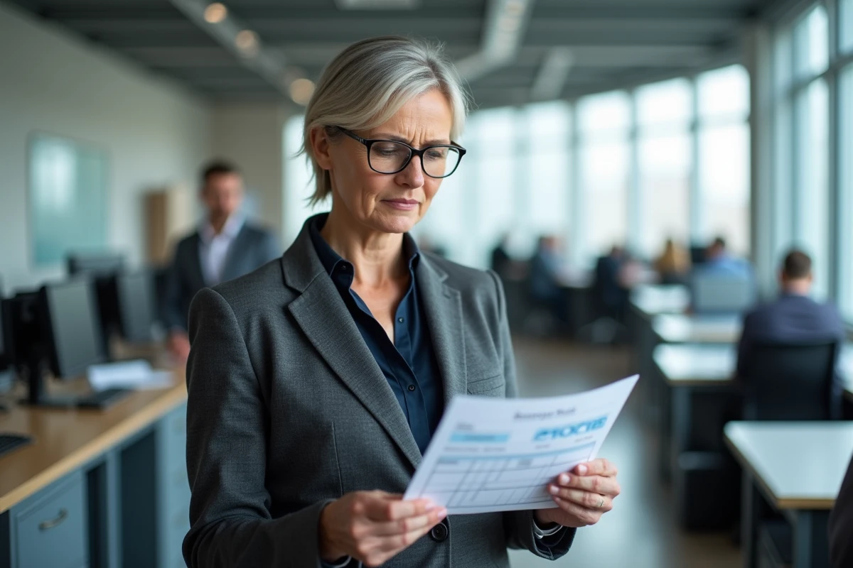Directrice RH comparant une fiche de paie et une grille salariale CCN 51 dans un open space professionnel