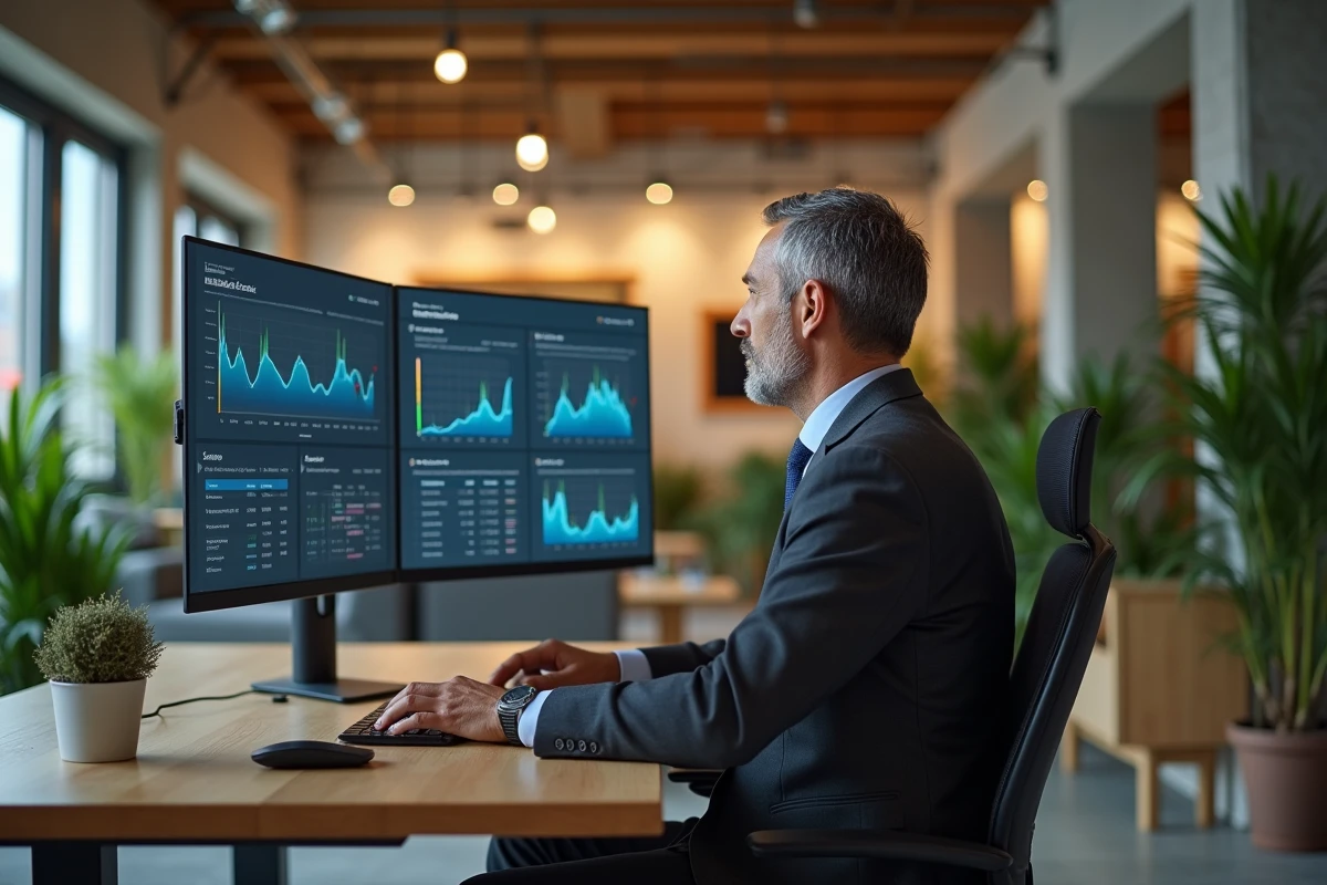 Dirigeant d'entreprise travaillant sur des tableaux de bord de performance dans un espace de travail moderne et agile
