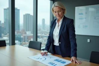 Dirigeante d'entreprise analysant des graphiques de performance dans une salle de réunion moderne avec vue sur la ville