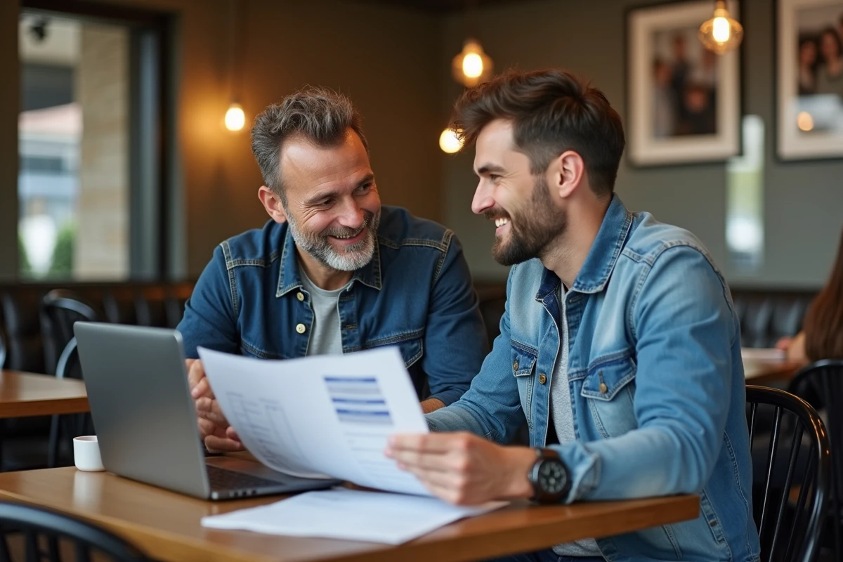 Deux hommes discutant autour d un café avec ordinateur portable