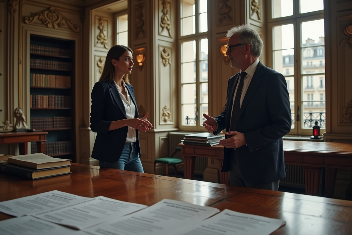 Jeune femme discutant avec un collègue dans un bâtiment parisien