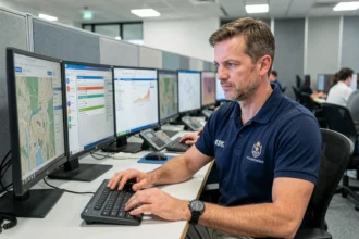 Dispatcher municipal utilisant le logiciel Agendis 62 dans un centre de coordination des services d'urgence dans le Pas-de-Calais