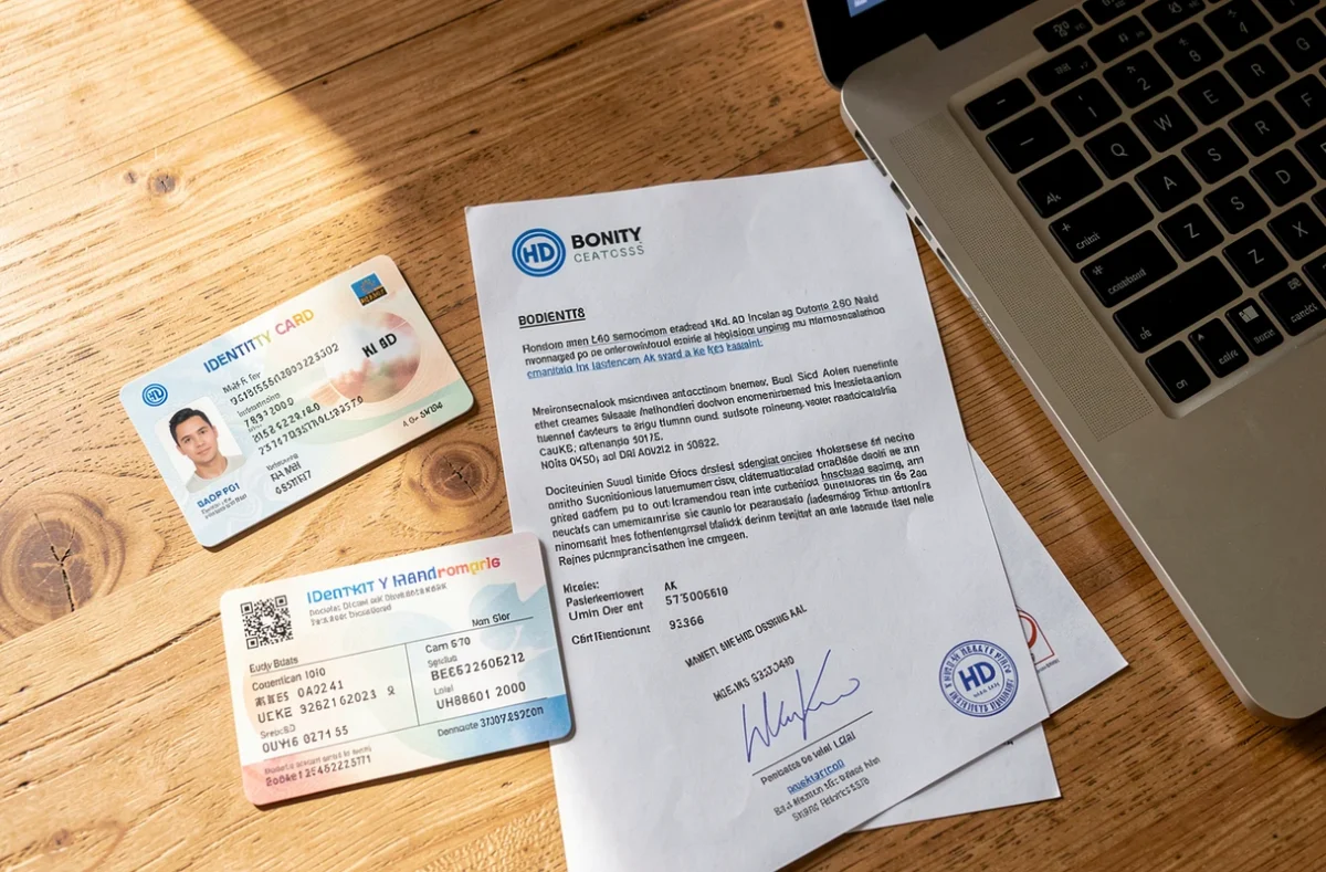 Documents d'identité et justificatifs posés sur un bureau devant un ordinateur