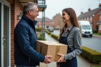 Homme souriant donnant un colis à une livreuse devant sa maison