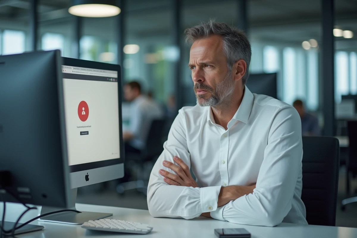 Employé de bureau face à une erreur de connexion sur son compte Advango depuis un ordinateur professionnel