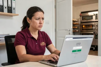 Employée de boulangerie Marie Blachère face à un écran de réinitialisation de mot de passe sur l'intranet