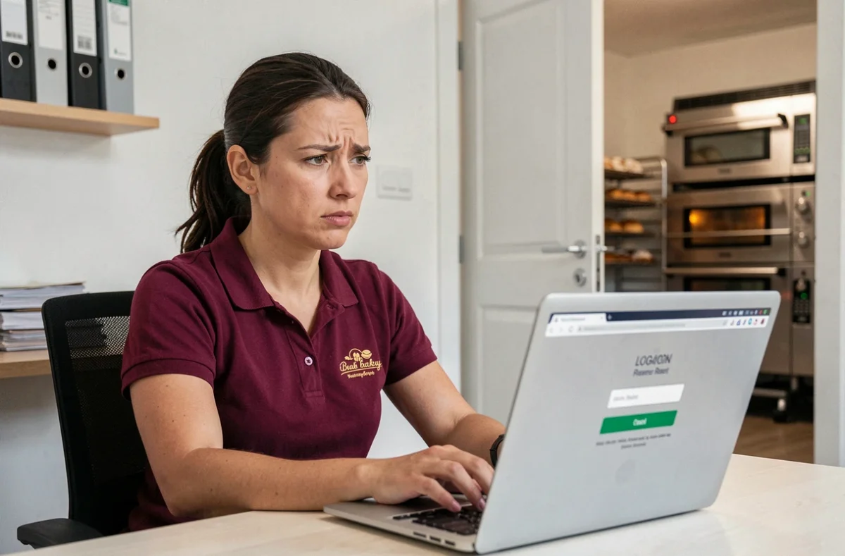Employée de boulangerie Marie Blachère face à un écran de réinitialisation de mot de passe sur l'intranet