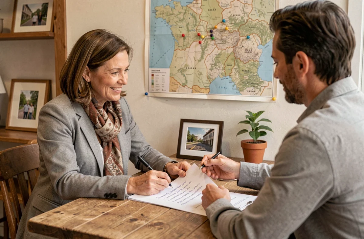 Consultante RH de proximité accompagnant un dirigeant local dans son bureau avec une carte des Hauts-de-France en arrière-plan