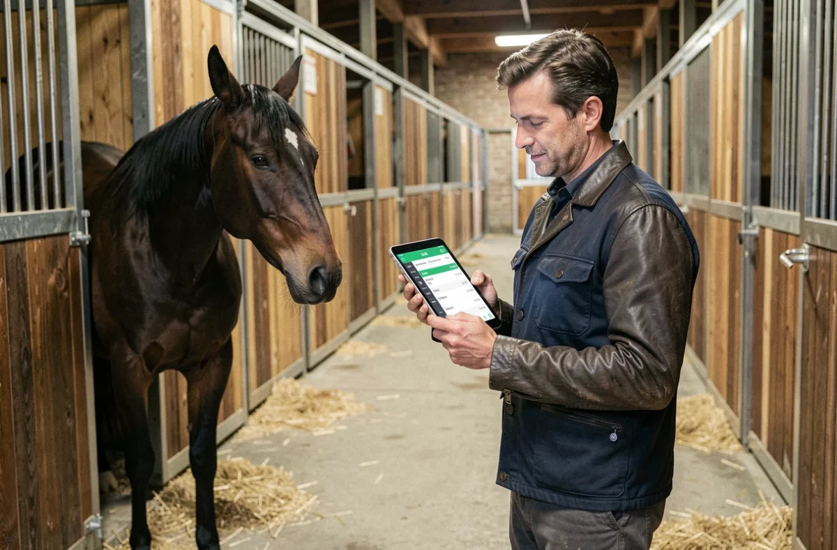 Entraîneur de chevaux de trot consultant une application de gestion administrative sur tablette dans une écurie