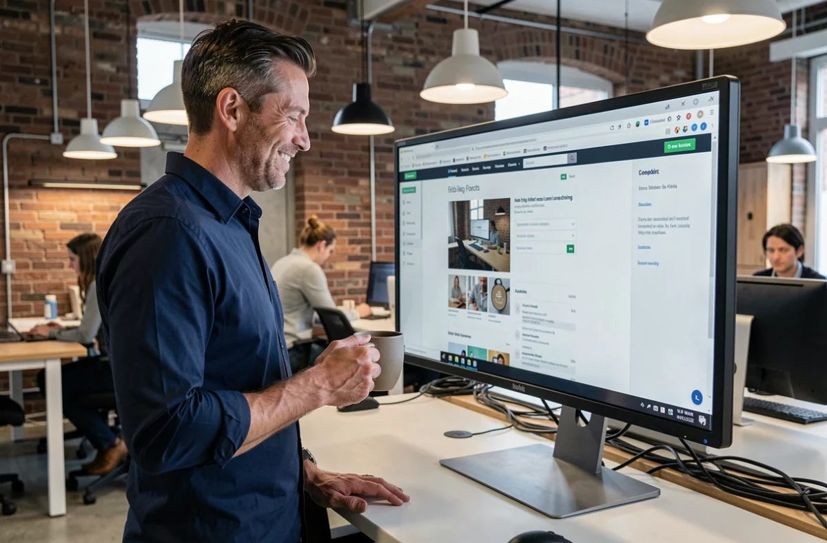 Entrepreneur masculin dans un espace de coworking développant une offre digitale rentable sur grand écran