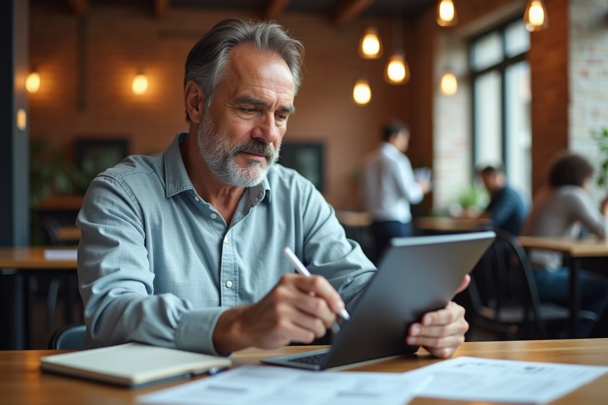 Entrepreneur vérifiant un formulaire d'identification DUNS sur tablette dans un espace de coworking