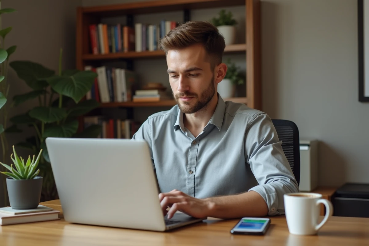 Entrepreneur masculin gérant sa fiscalité B2B sur ordinateur portable depuis un bureau à domicile