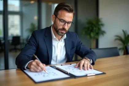 Entrepreneur analysant les structures d'une holding et d'une société d'exploitation classique autour d'une table de direction