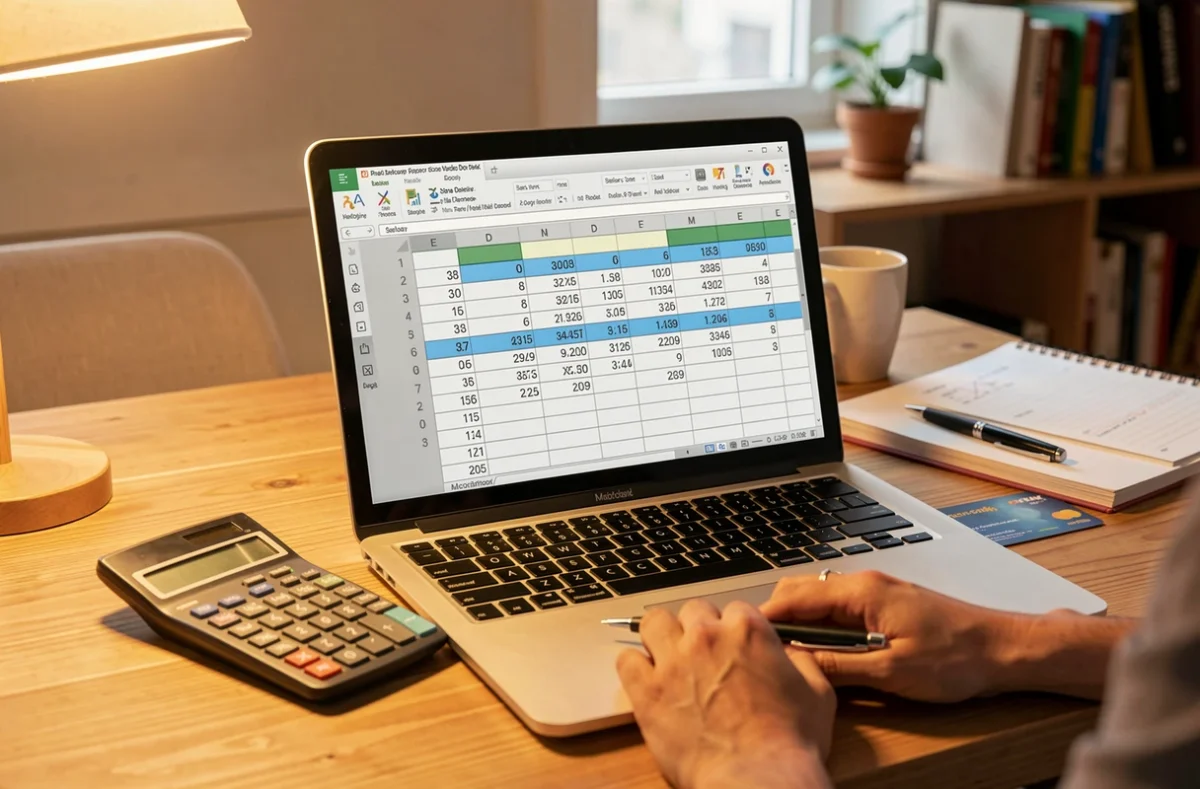Entrepreneur qui saisit ses recettes dans un tableau de suivi sur ordinateur