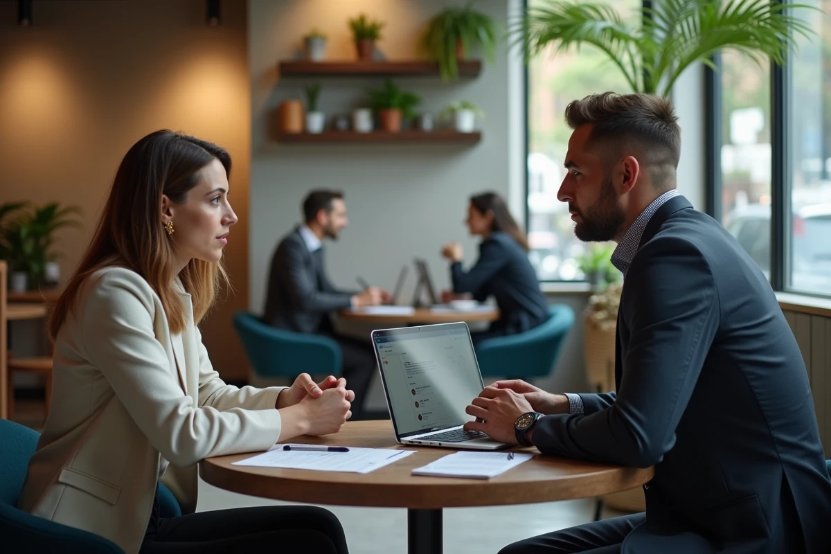 Deux entrepreneurs discutant de l'intérêt du programme Dekortikon pour leur petite entreprise dans un café co-working