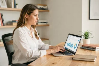 Entrepreneuse lançant une offre en ligne rentable depuis son bureau à domicile avec un laptop et des analytics