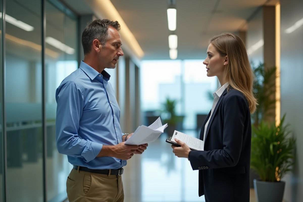 Homme d affaires parlant avec une collègue dans un couloir