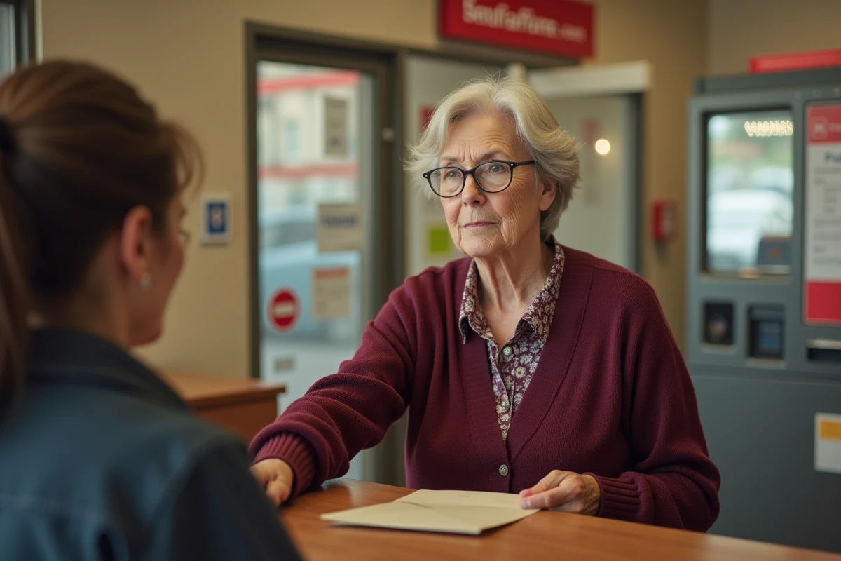 Femme envoyant une lettre de rétractation au guichet d'un bureau de poste