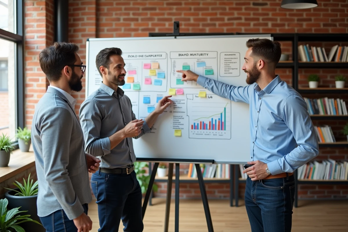Équipe marketing évaluant la maturité d'une marque autour d'un tableau blanc lors d'un atelier collaboratif