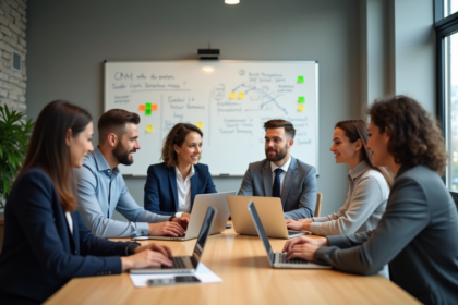 Groupe de professionnels discutant autour d'une table moderne