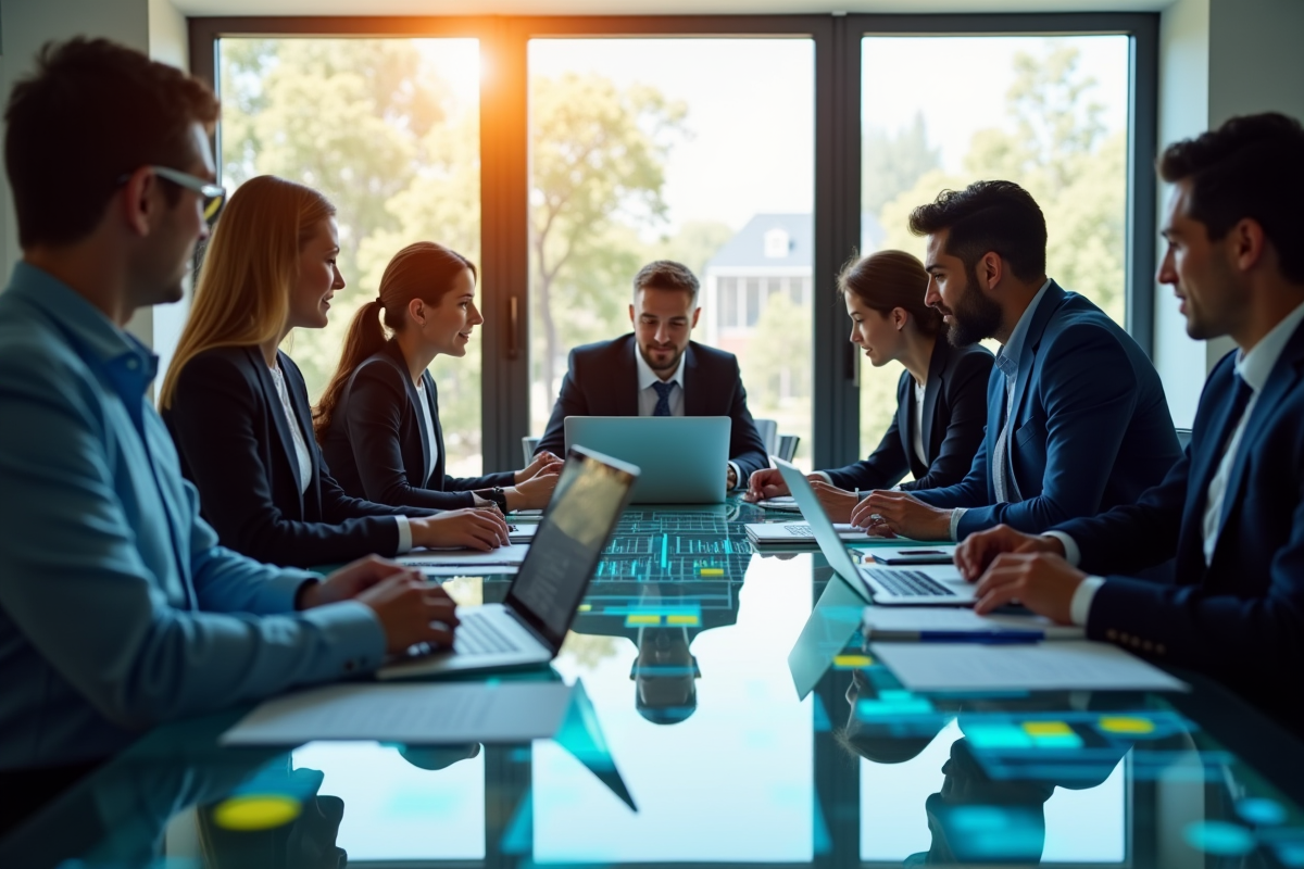 Groupe de professionnels collaborant autour d'une table moderne avec graphiques colorés