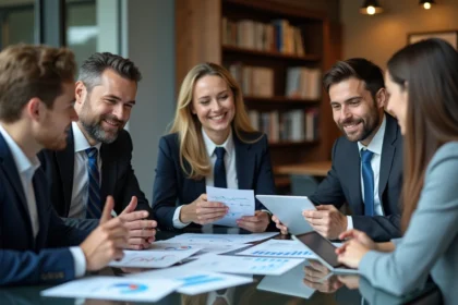 Groupe de professionnels en réunion de travail moderne
