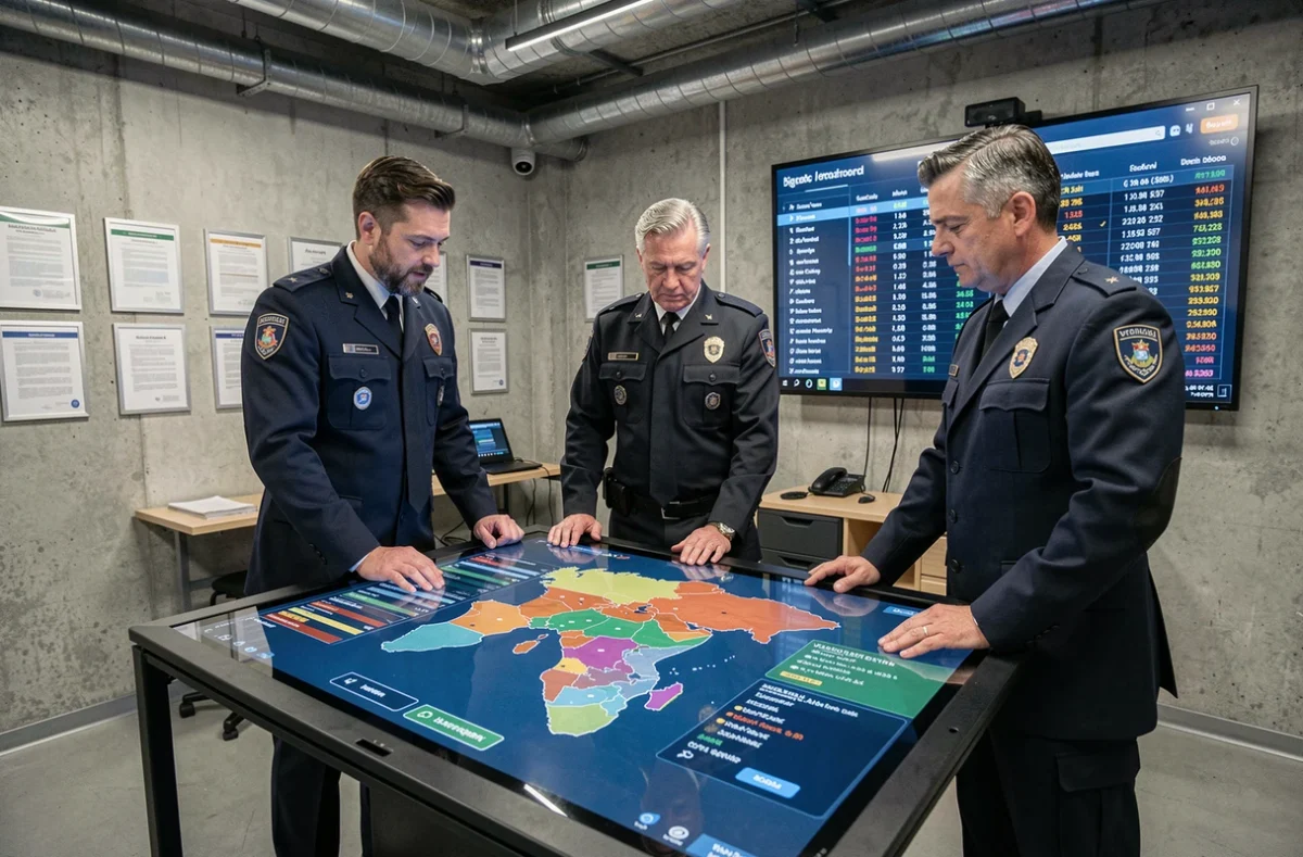Équipe de coordination des urgences utilisant Agendis 62 sur une table tactile dans une salle opérationnelle municipale du Nord de la France