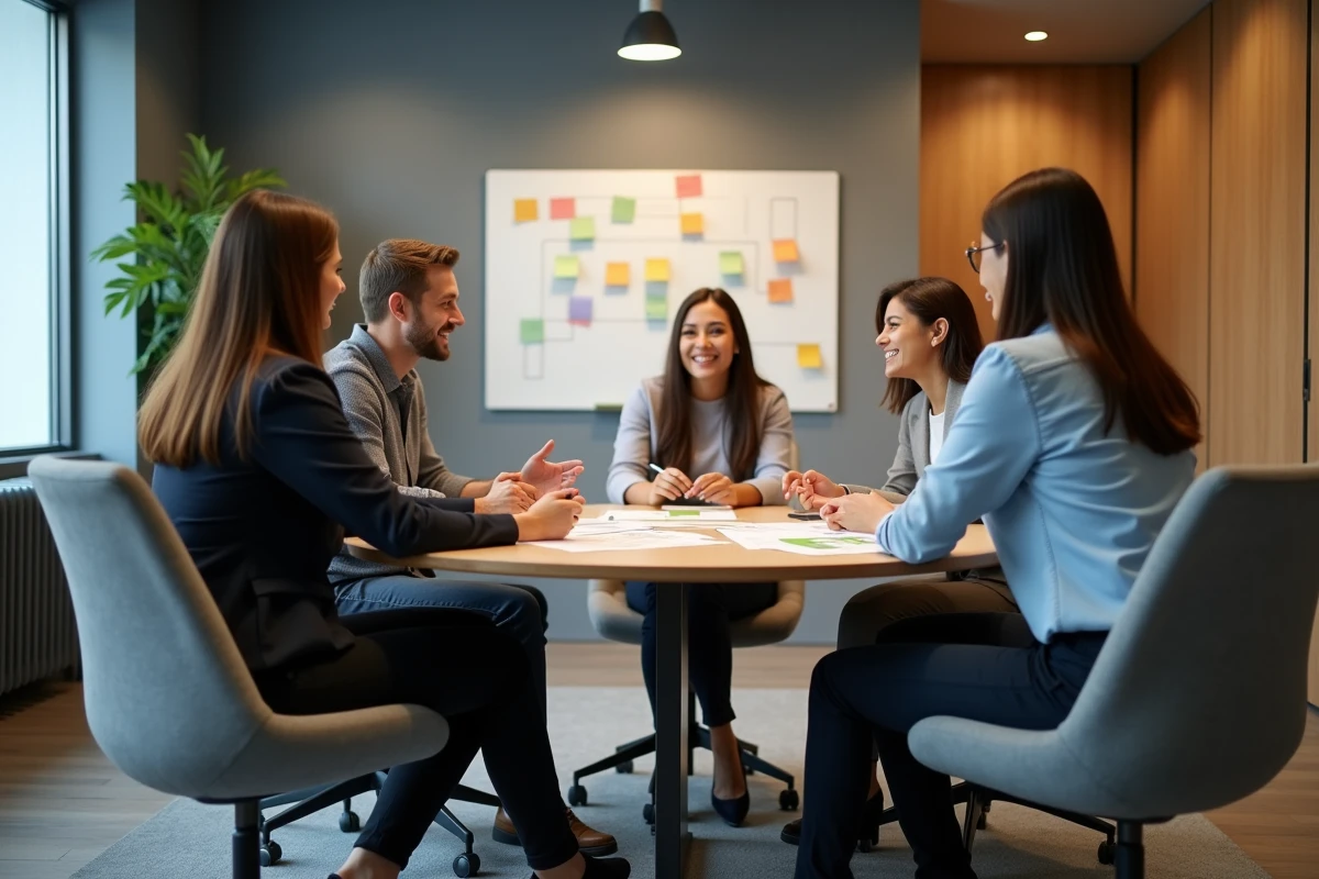 Équipe de dirigeants en atelier stratégique collaboratif autour d'une feuille de route dans une salle de conseil moderne