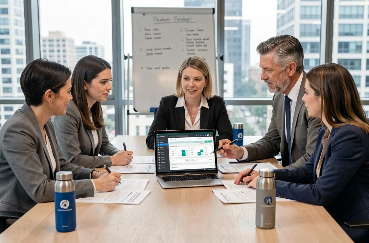 Équipe RH en réunion analysant les nouveautés MaBoxRH 2026 autour d'un tableau de bord de gestion des ressources humaines