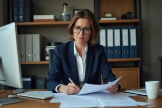 Femme cadre administratif examinant des documents d'affiliation MSA et Urssaf à son bureau