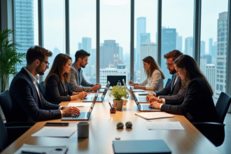 Espace de travail moderne avec professionnels collaborant