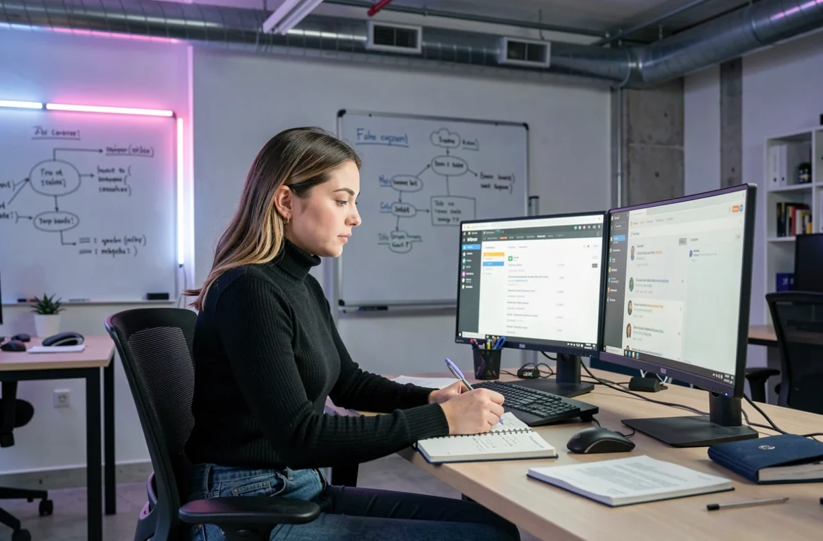 Recruteuse IT et tech analysant le profil d'un développeur sur double écran dans un bureau au style startup moderne