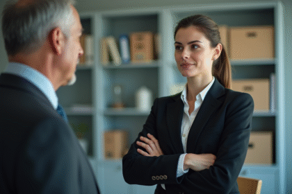 Femme en costume professionnel face à un collègue homme